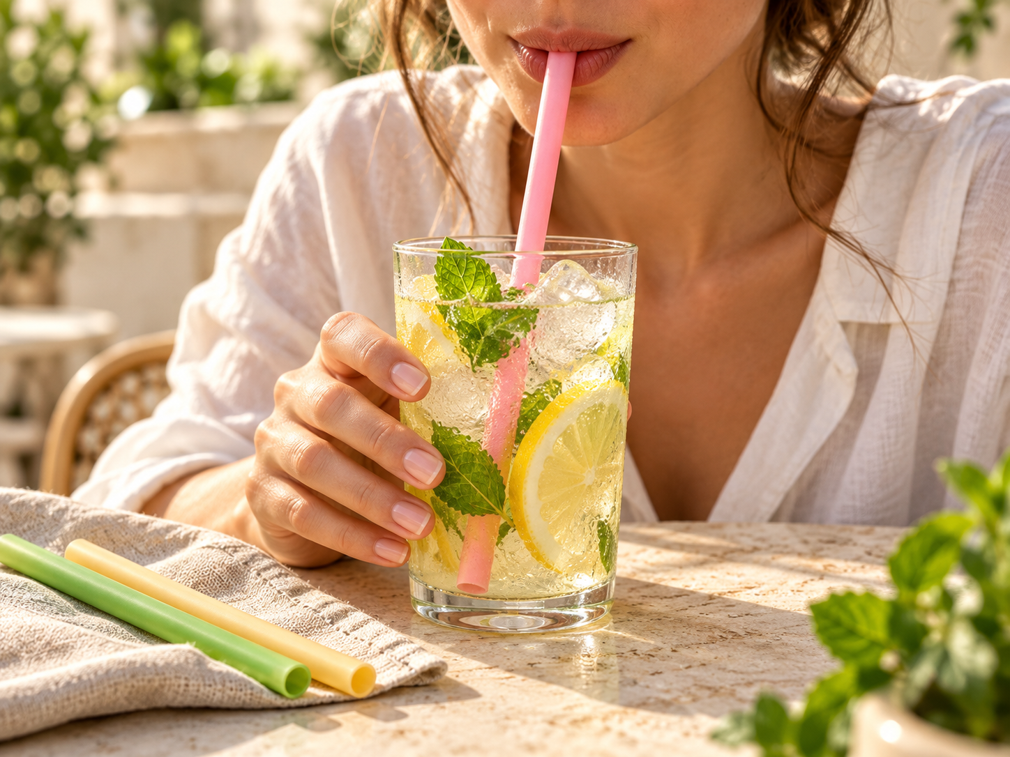 A person sipping a citrus and mint drink through a pink edible straw